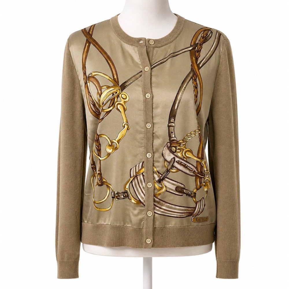 Lauren Ralph Lauren Equestrian Cardigan L Scarf Print Silk Cashmere Heritage Y2k